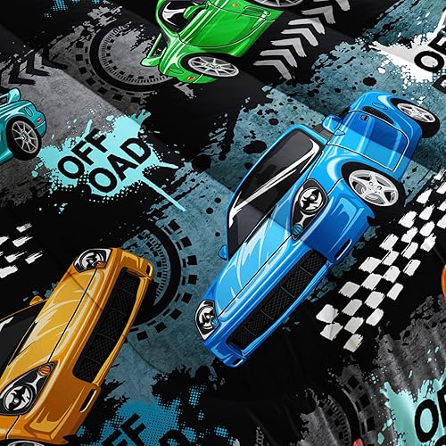 Miniatura 6 de QOOMO Juego de edredón de auto de carreras tamaño individual, juego de edredón para niños, ropa de cama con impresión de juegos de carreras