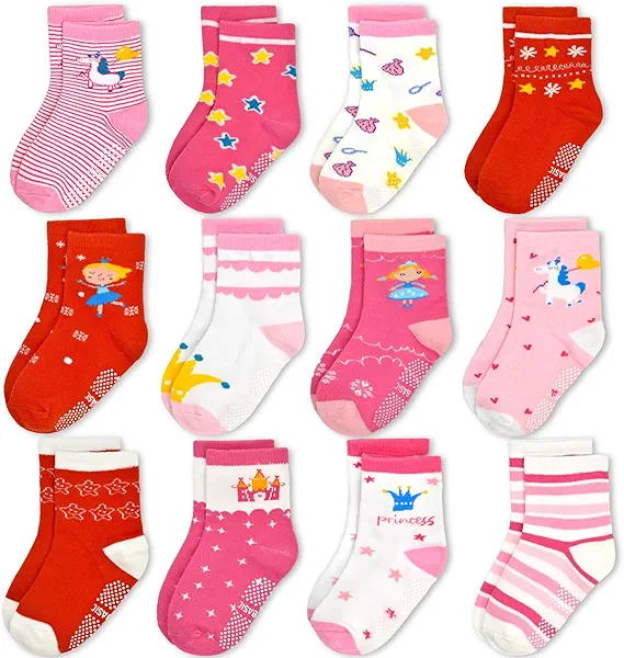 GRPSKCOS Toddler Girls Socks, 12 Pack Non Slip Breathable Crew Socks with Grips for 1-7 Years Kids