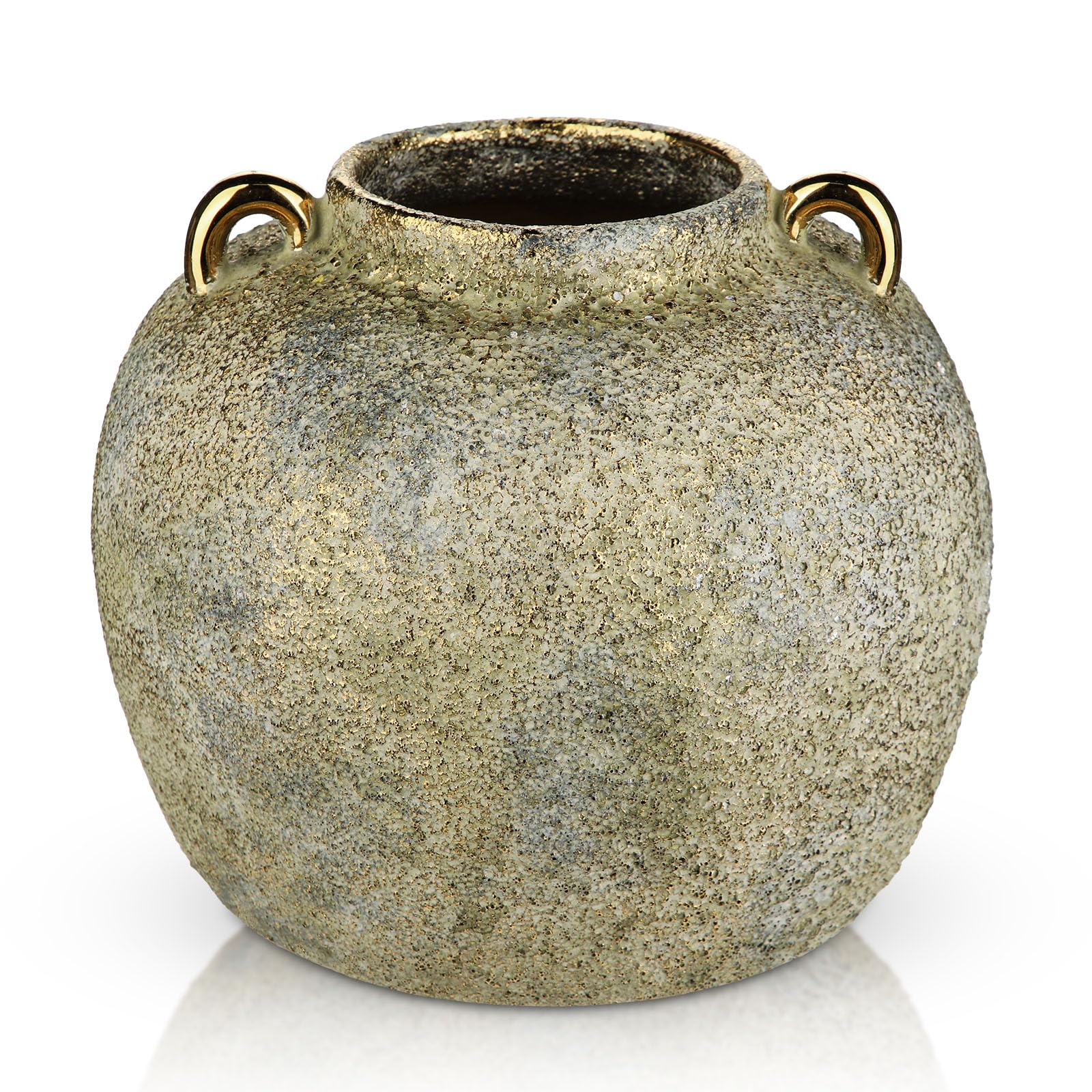 Arborus Rustic Gold Vase for Flowers 20CM Ceramic Vases with Handles 3.7" Opening Vintage Vase Farmhouse Round Textured Vases for Pampas Grass Dry Plants Living Room Table Shelf Mantel Home Decor