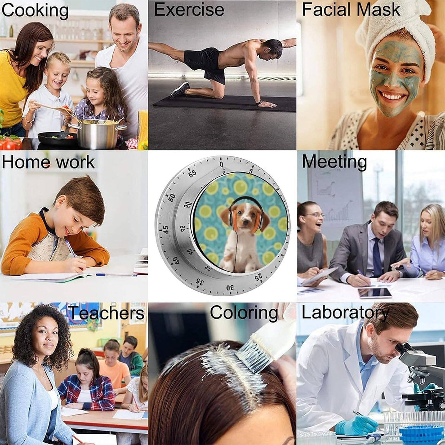 Puppy with Headphones Stainless Steel Timer, Kitchen Timer with Magnetic Base, Countdown Timers for Gym, Office, Cooking, Baking, Jogging