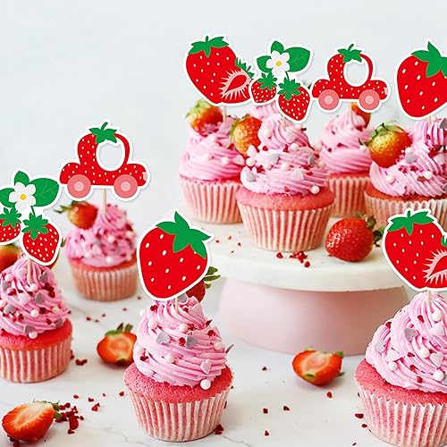 Miniatura 2 de TSJ 16 piezas de fresa para cupcakes de frutas, palitos para decoración de tartas para fiesta temática de fresas, baby shower