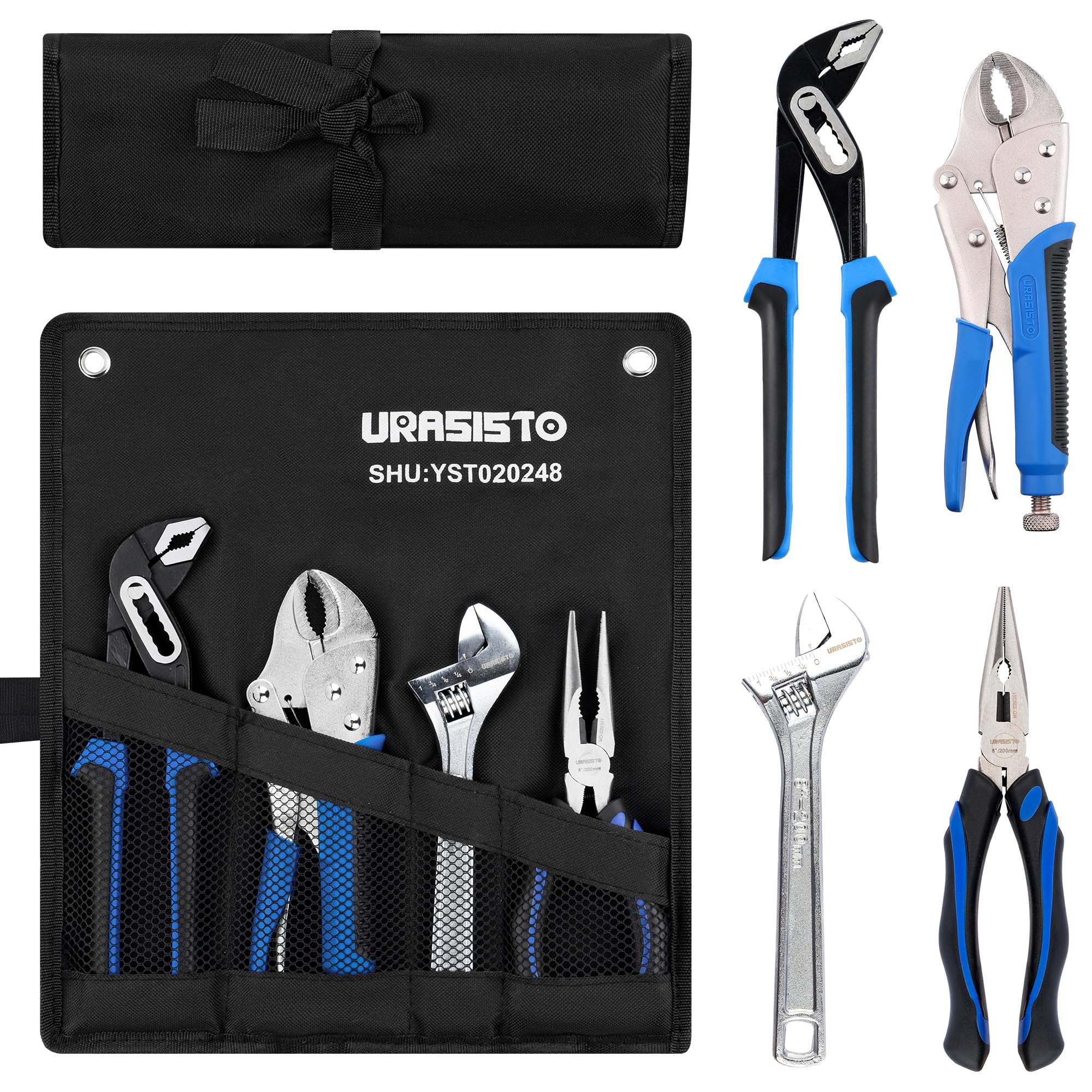 URASISTO 4-Piece Home Maintenance Tool Kit for Men, Including Groove Joint, Long Nose, Diagonal Cutting, Locking Pliers, Adjustable Wrench and Linesman Pliers, with Storage Pouch