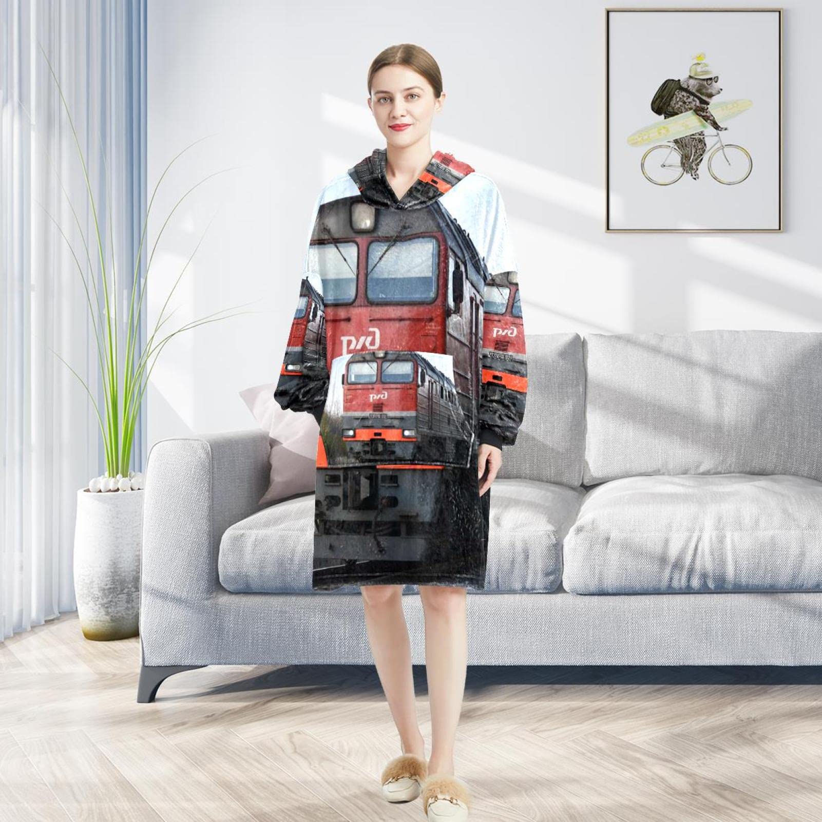 Bluza z kapturem z kocem, retro pociąg tor kolejowy, ponadwymiarowa bluza z kapturem, wielobarwny, rozmiar uniwersalny