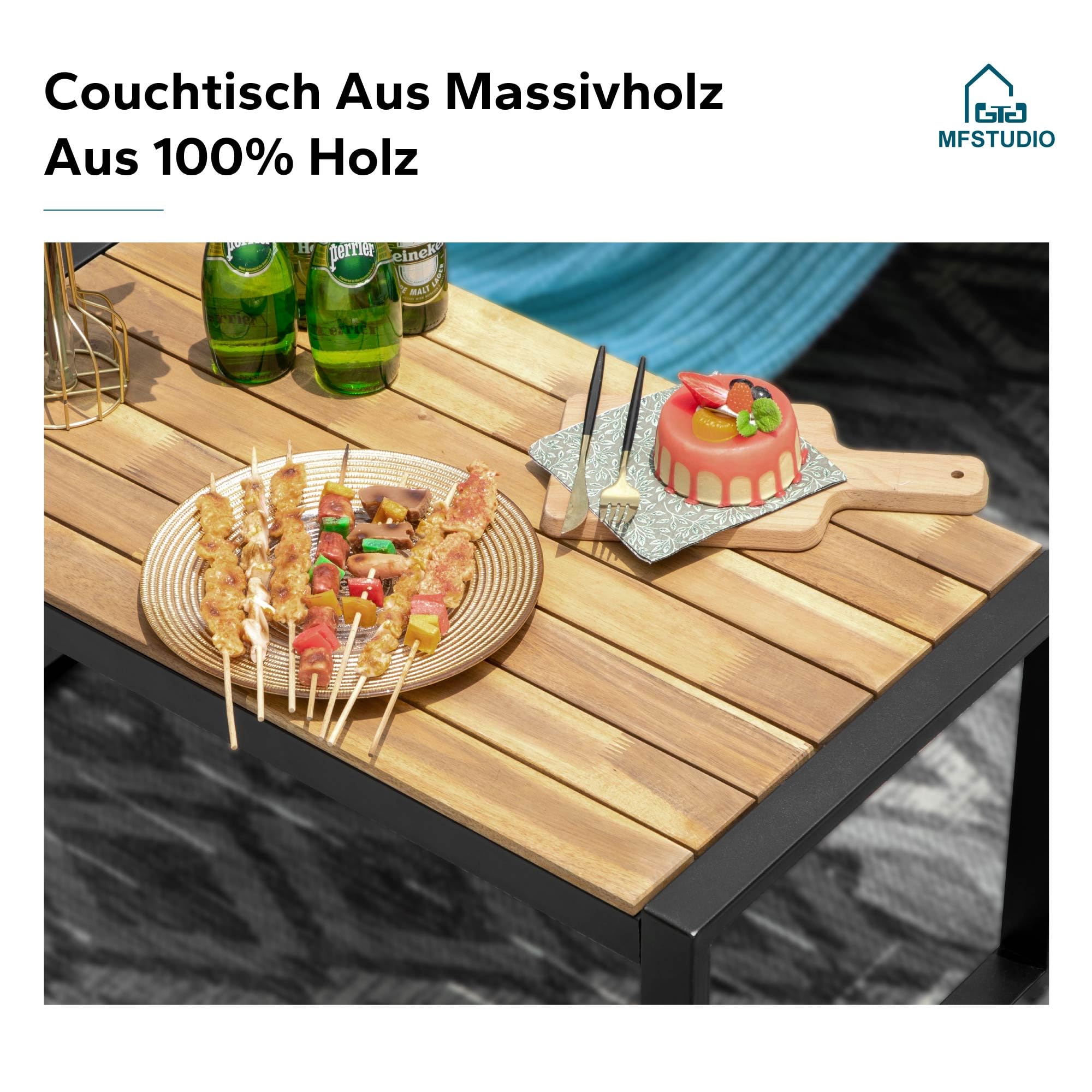 MFSTUDIO Polyrattan Gartenmöbel Set Balkonmöbel Outdoor Sitzgruppe Set Terrassenmöbel Lounge Gartenmöbel Set Tischplatte aus Massivem Akazienholz Braun Rattan Beige Kissen