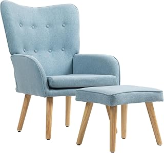 HOMCOM Sillón con Reposapiés Sillón Lectura con Respaldo Alto Capitoné Asiento Amplio Patas de Madera y Tapizado en Lino Butaca para Salón Dormitorio Oficina Azul Claro