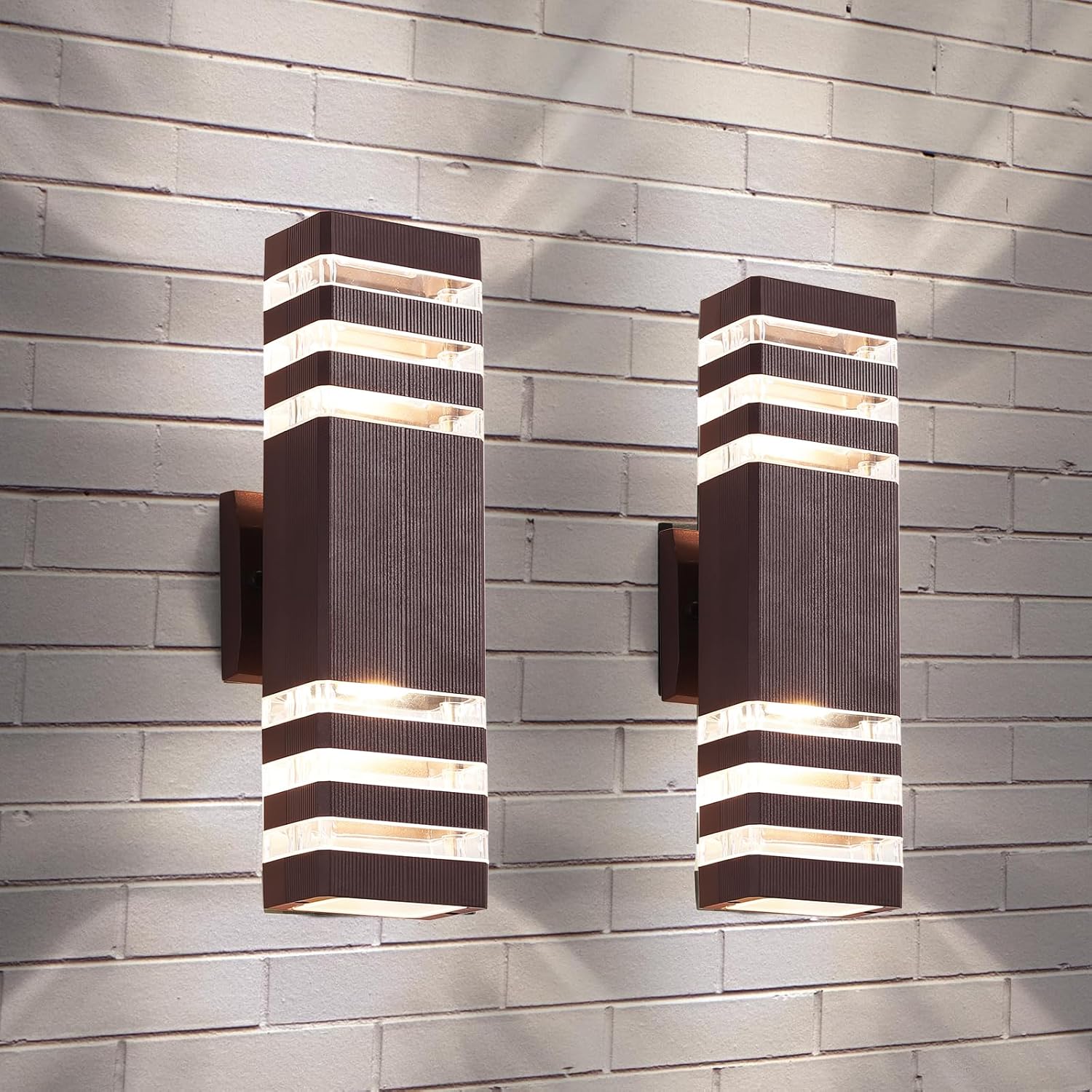 Modern Outdoor Wall Lights-Waterproof Aluminum Exterior Lighting Fixtures, Up and Down 3000K Warm Whtie Brown Wall Mount Light - Ideal for Porch, Garage, Patio,Front Door- 2 Packs
