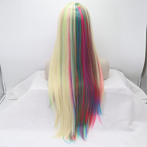 Miniatura 4 de xiweiya 613 # Rubio mixto con reflejos amarillo, verde, rosa, multicolor, multicolor, peluca larga y sedosa recta con encaje frontal, pelucas de