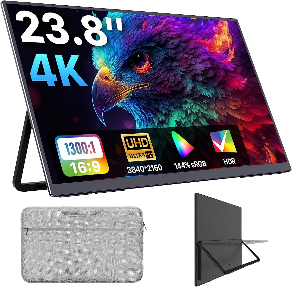 Monitor portátil 23,8 pulgadas 4K 3840X2160 144% sRGB 60Hz HDR HDMI USB-C Monitor de viaje para computadora portátil MacBook PC Surface PS5 Xbox, pantalla externa grande con soporte y parlantes, compatible con VESA
