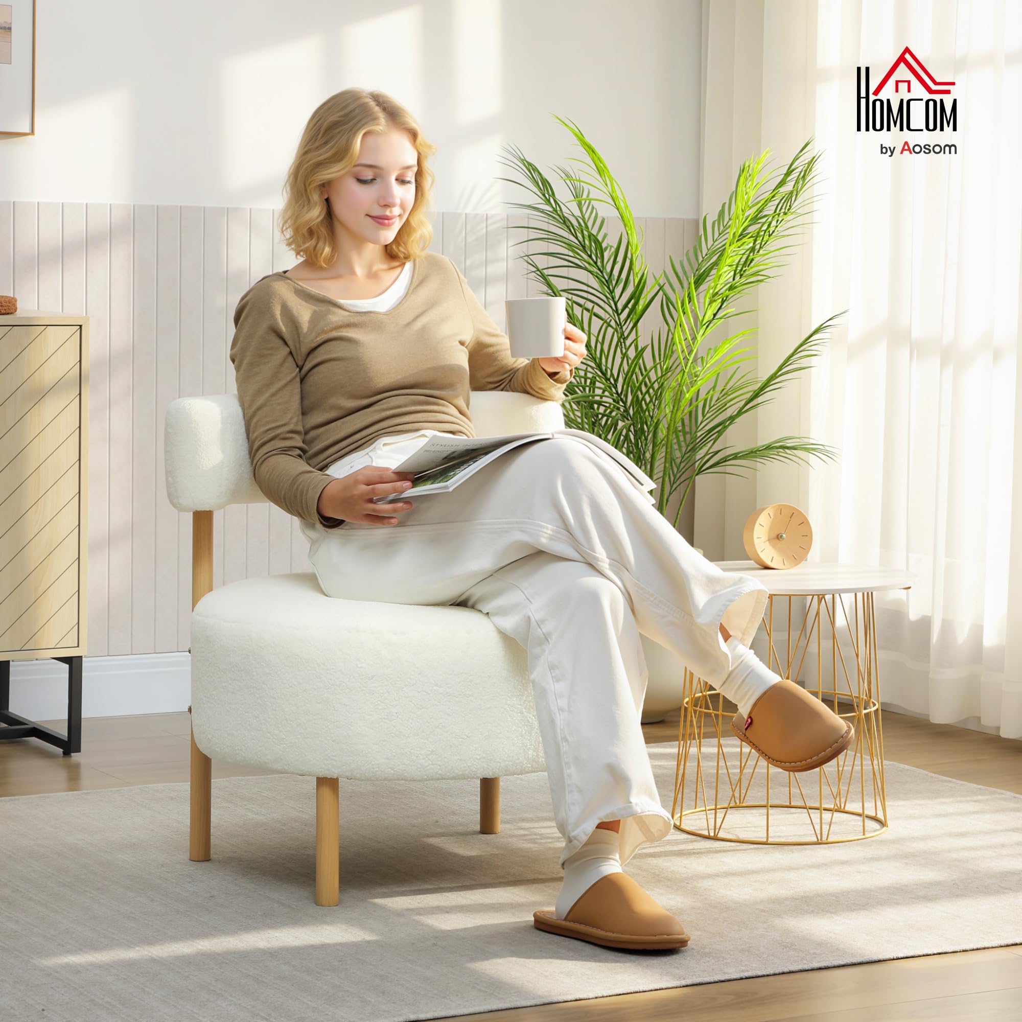 HOMCOM Sessel Loungesessel Relaxsessel mit Sherpa-Fleece, Metallbeinen in Holzoptik Polstersessel Lesesessel Einzelsofa für Wohnzimmer, Schlafzimmer, Cremeweiß