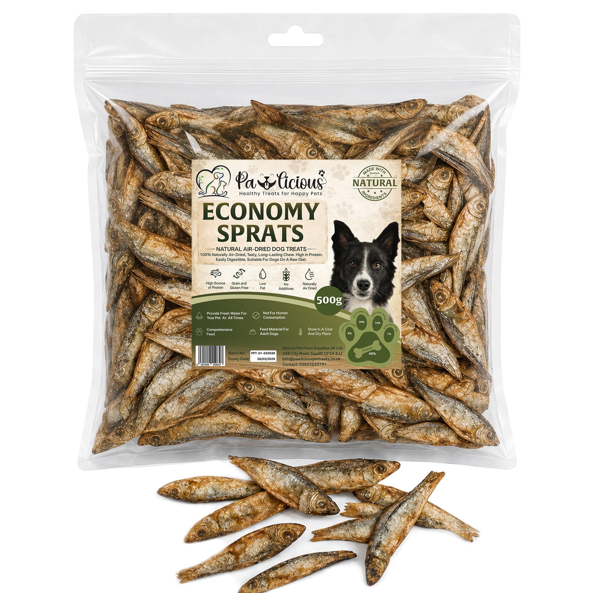 Pawlicious Economy Sprats Dog Treats & Cat Snacks 500g, 100% Natural Air-Dried Fish Treat for Dog, Hypoallergenic and Grain Free Raw Pet Food, Fish Sprats with Omega 3 Suitable for Cat, Kitten, Puppy