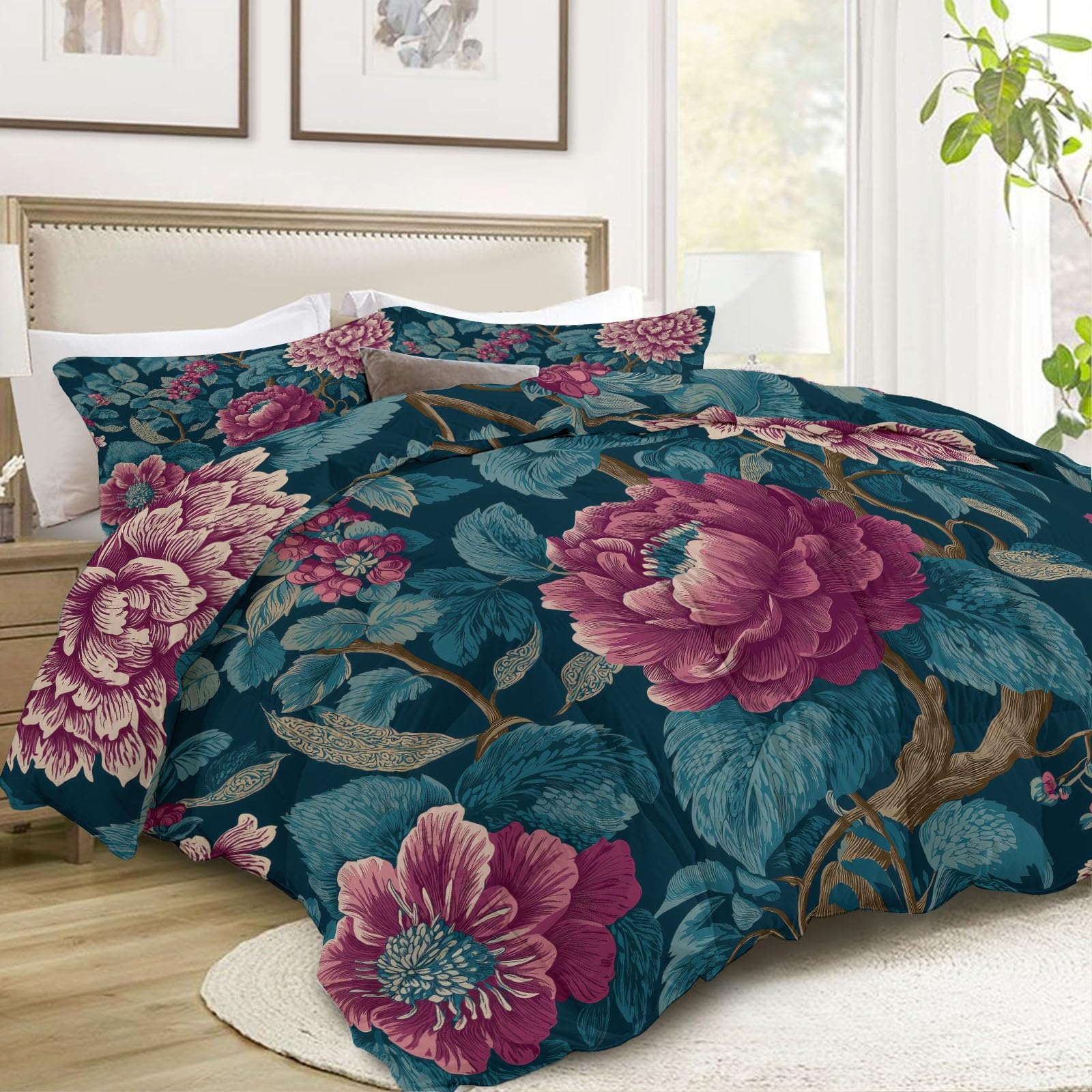 Generico Zimowa kołdra puchowa 140 x 200 cm wiejskie kwiaty winorośl kołdra z pianki 400 g/m², ciepła i elegancka, antyalergiczna i oddychająca pościel 3-częściowy zestaw, niebiesko-zielony