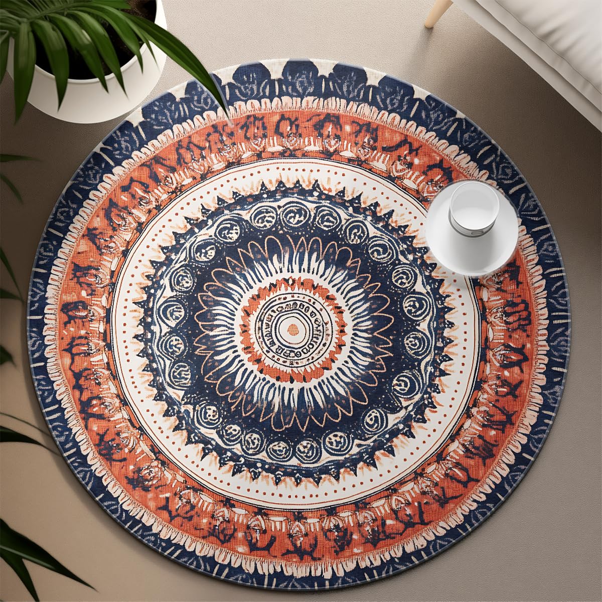 Bunter Boho-Rundteppich 120cm Weiche kleine Fußmatte Niederflor