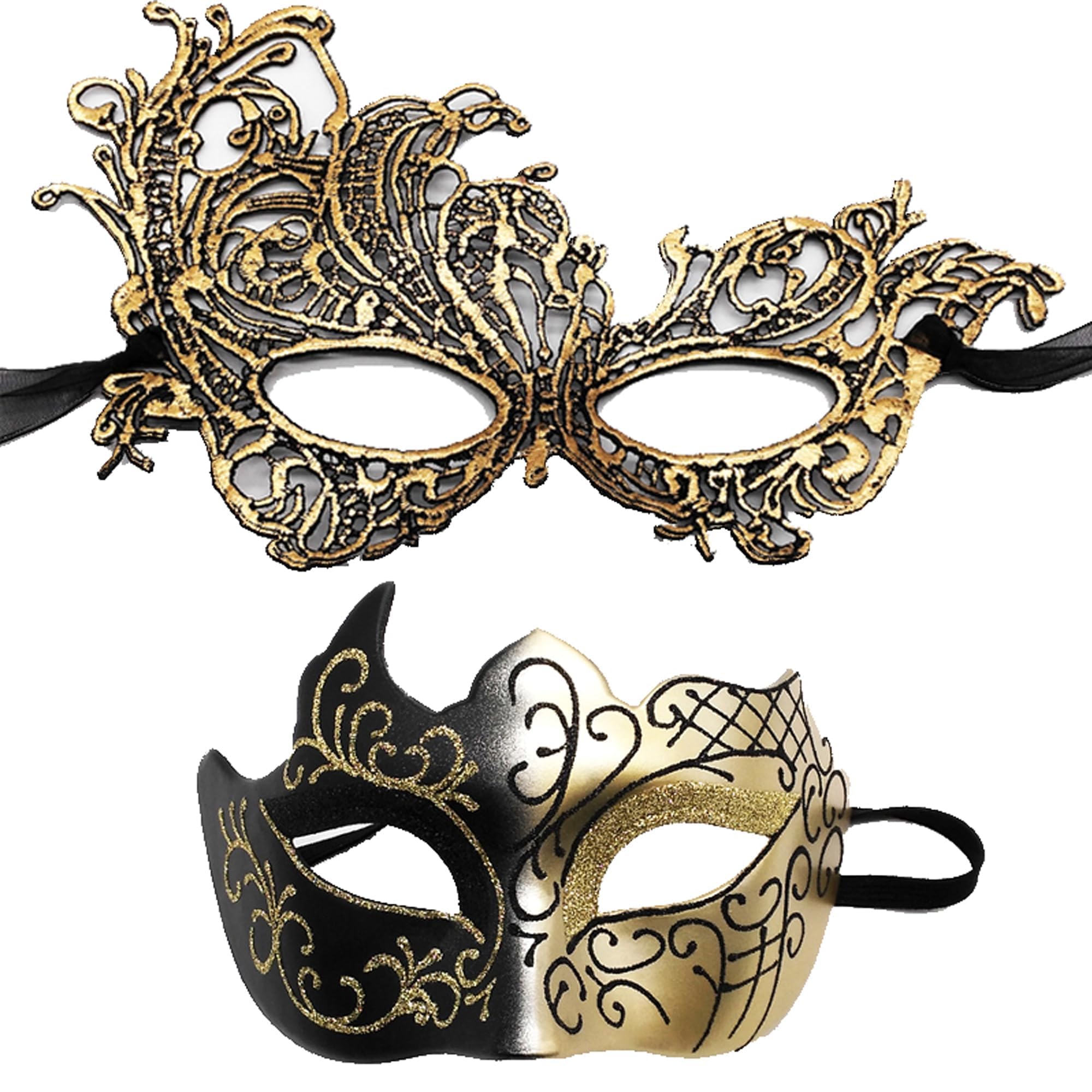 CBMZHF 2PCS Masquerade Mask for Couple Men Women Venetian Mask for Halloween Lace Masque Costume mask Party Prom Ball Mardi Gras (Golden)