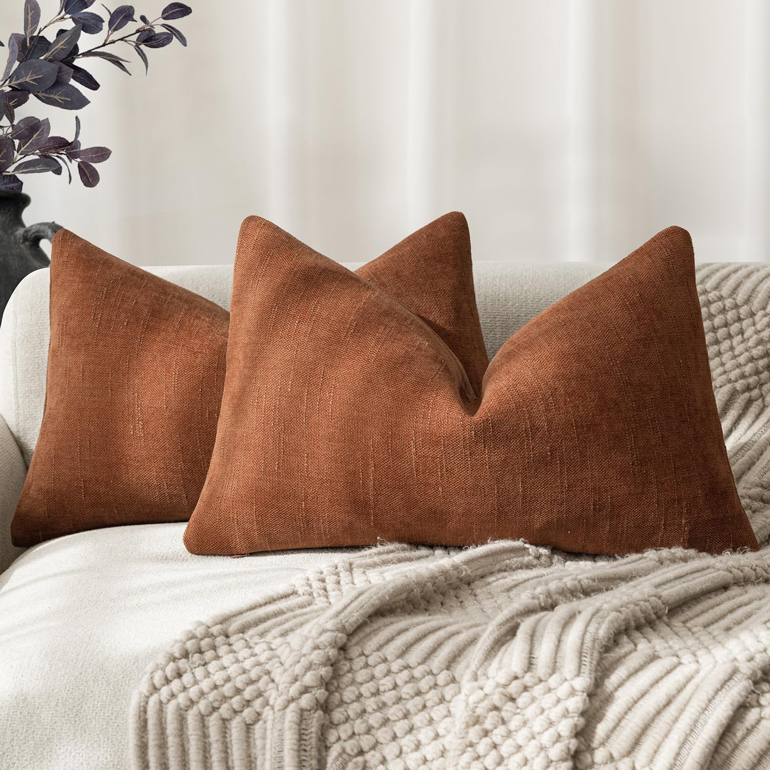Foindtower Pack of 2 Chenille Cushion Covers 12x20in Burnt Orange SC-9