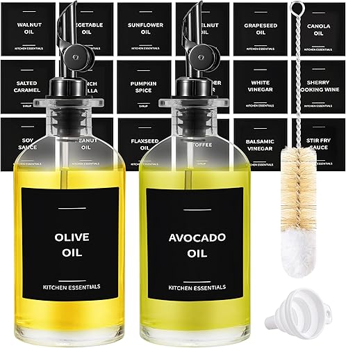 Botella dispensadora de aceite de oliva, incluye 55 etiquetas esenciales de cocina, botellas de aceite de cocina para cocina, dispensador de jarabe