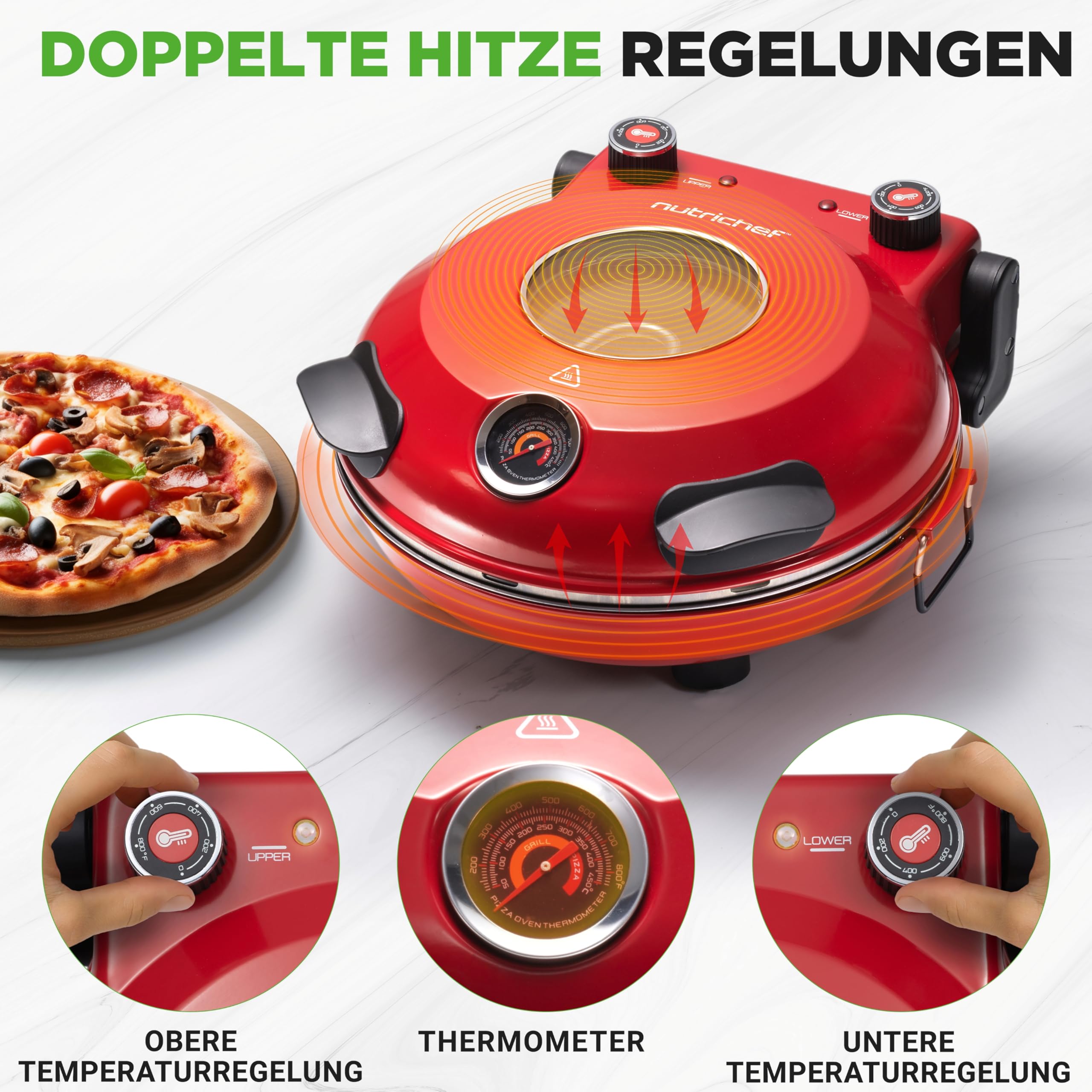 NutriChef Pizzaofen Elektrisch – Ø 35,5cm Abnehmbarer Keramikstein, 1200W bis 430°C, Ober-/Unterhitze Getrennt Regelbar, Sichtfenster, Antihaft