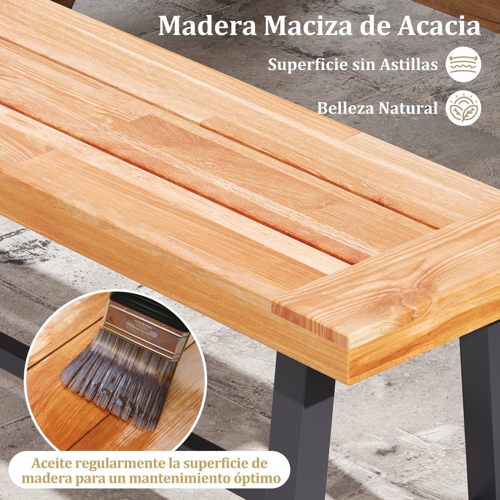 COSTWAY Banco Madera de Acacia 160cm, Banco Exterior de 3 Plazas sin Respaldo, Patas de Metal, Carga 360kg, Banco Jardin Terraza Exterior, Natural y Negro (1)