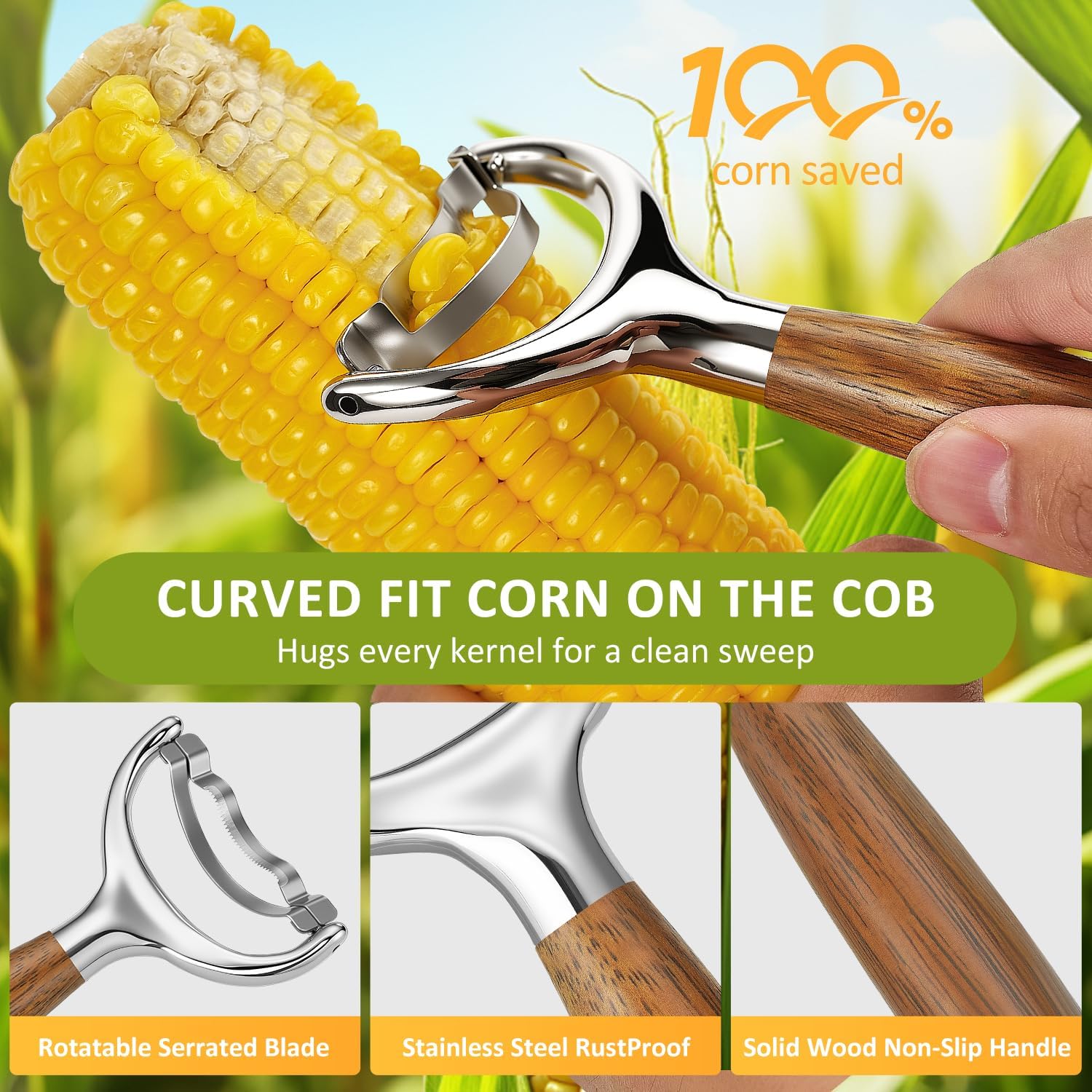 Stainless Steel Corn Peeler, Durable Corn on the Cob Stripper Tool with Solid Wood Good Grip Handle for Salad Polenta Pizza Popcorn Cooking Gifts for Woman Her Mom Birthday (Merbau) image 2