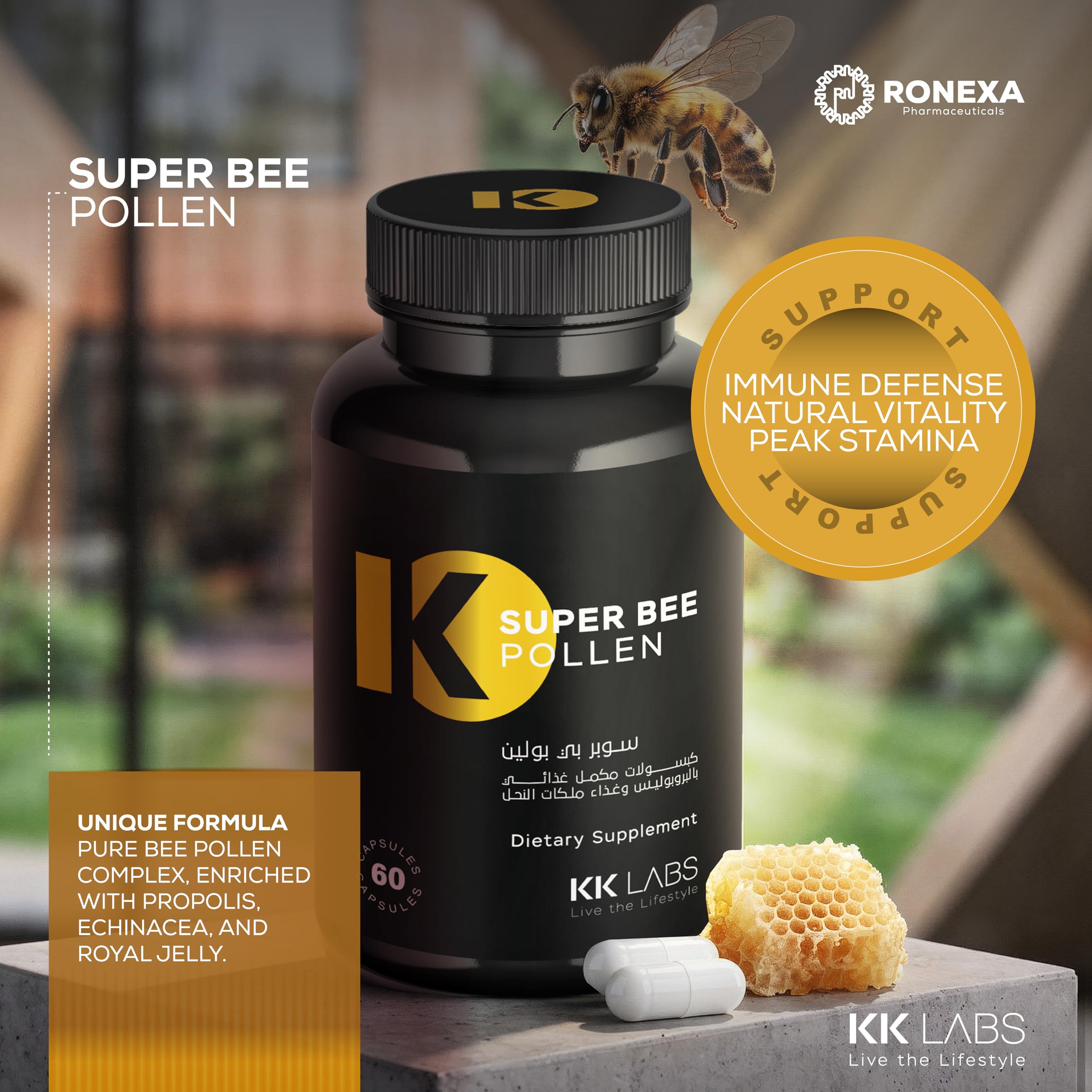 KK Labs Super Bee Pollen 60 Capsules - Natural Bee Pollen, Propolis, Royal Jelly & Echinacea Daily Wellness Supplement for Energy, Vitality & Everyday Support, 30-Day Supply, Men & Women