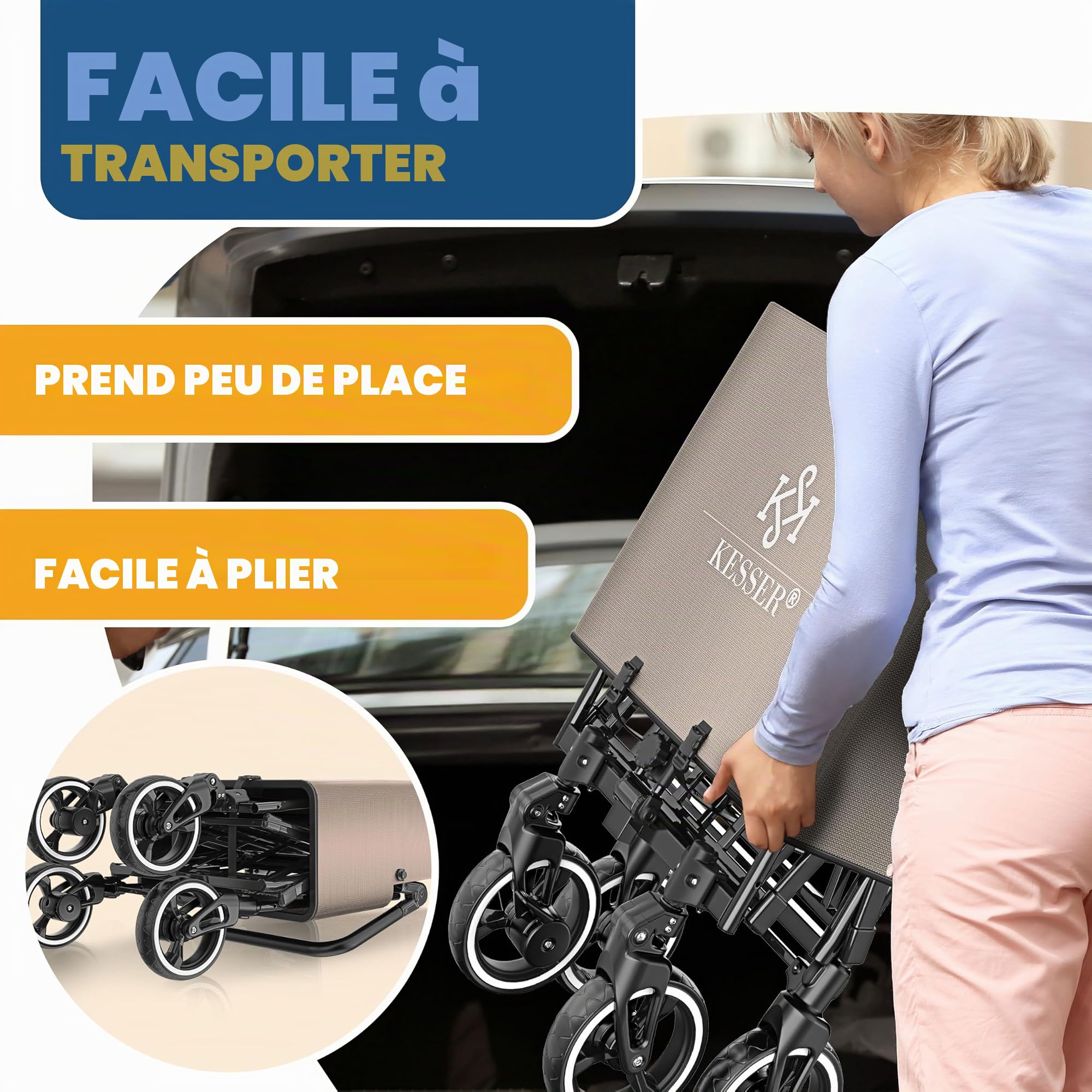 KESSER GTS-9100 Chariot de transport pliable avec toit Charge maximale 150 kg Avec roues en caoutchouc dur et freins de stationnement avant/arrière Avec serrure, couverture, intempéries et brise-vue
