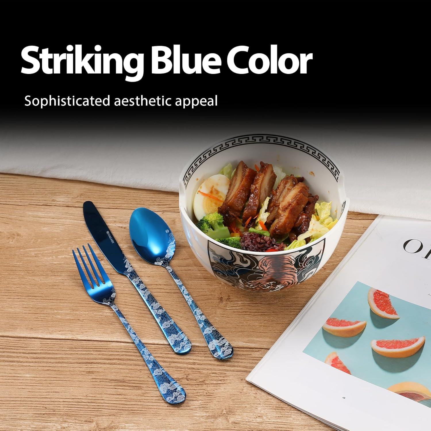 Hagary Cloud Cutlery Set 20 Pieces Stainless Steel Flatware Set Service for 4 Utensils For Home Kitchen Wedding Laser Engraved Dishwasher Safe All Blue