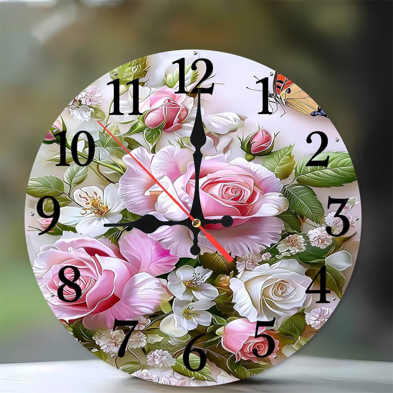 Horloge murale en bois ronde 35 cm papillon rose pour salon