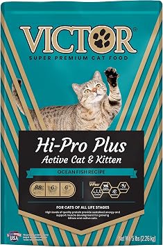 VICTOR Super Premium Cat Food Hi-Pro Plus Active Adult Cat and Kitten Dry Feline Food for Active Cats All Breeds and All Life Stages Supports Energy, Healthy Coat, Immune Function, 5lb