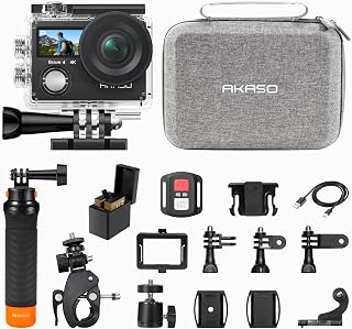 AKASO Brave 4 4K 30FPS Action Camera Bundle: 20MP EIS, 131ft Waterproof, Dual Screen, Floating Grip & Helmet Mounts