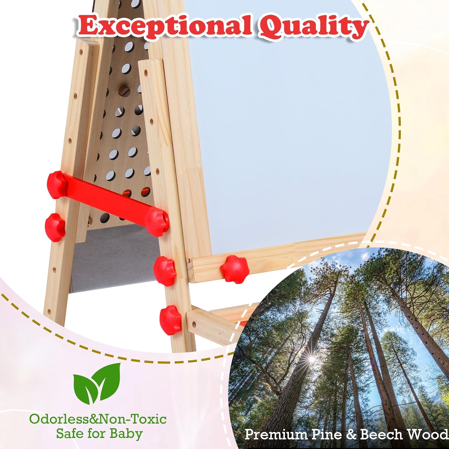 OLAKIDS 4 in 1 Easel for Kids with Marble Run, Magnetic Whiteboard, Chalkboard, Drawing Paper Roll, 6-Level Adjustable Height for Toddlers Ages 3-10