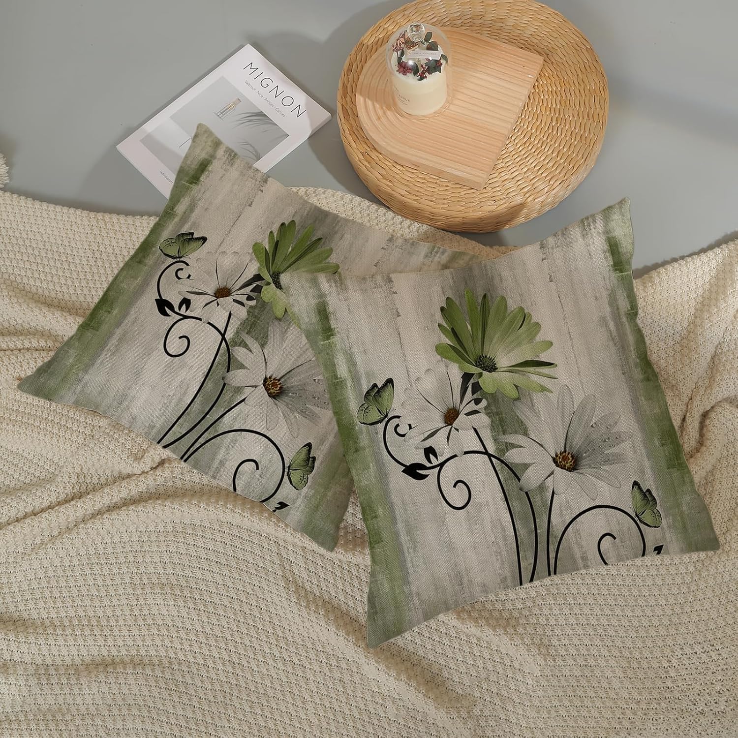 Vintage Throw Pillow Covers 18x18 Inch 2 Pcs Sage Green Daisy Floral Butterfly Decor Pillow Covers Rustic Flower Spring Summer Outdoor Decorative Pillowcase Linen Cushion Cover for Couch Sofa - Image 5