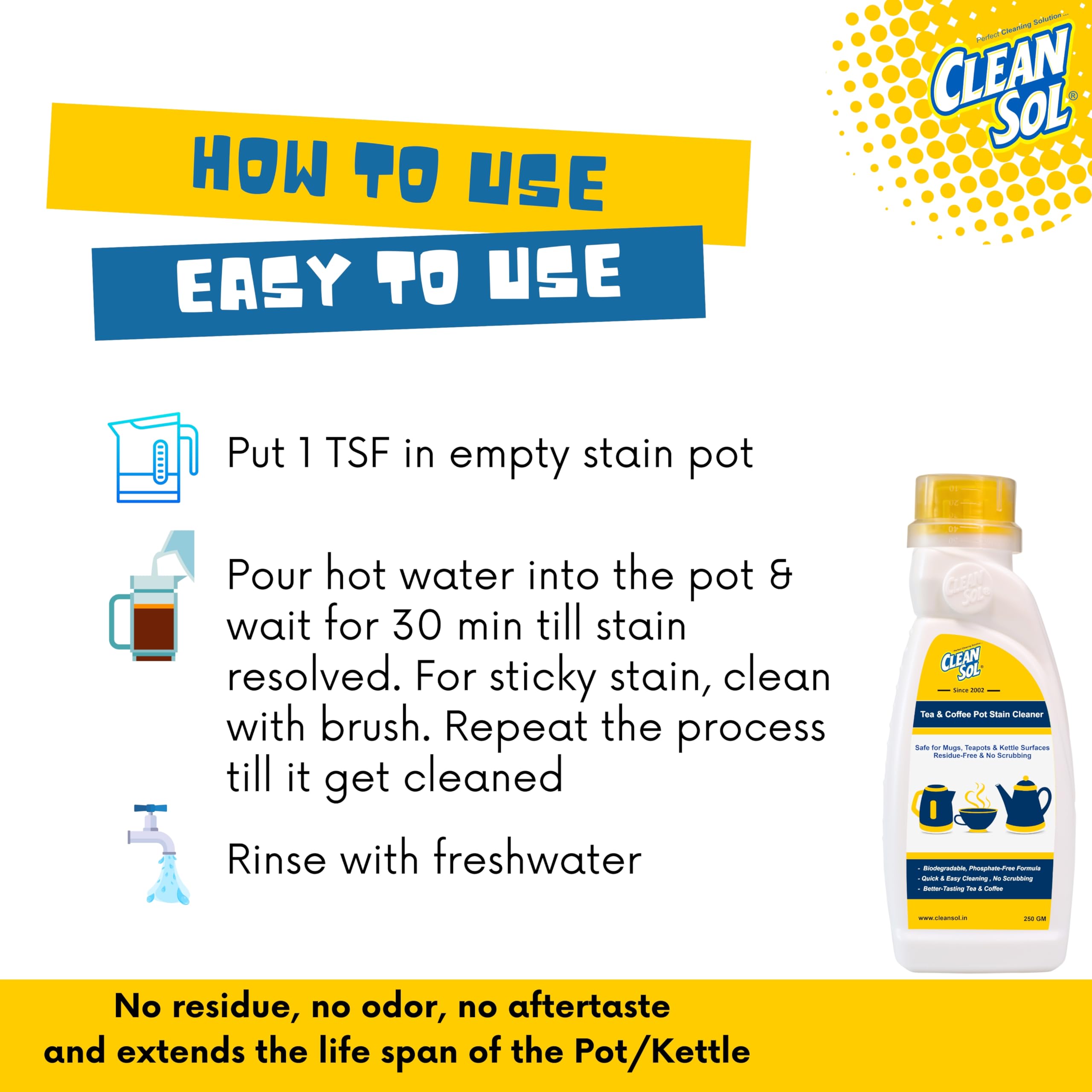 Cleansol Tea & Coffee Pot Stain Cleaner Powder | Safe for Mugs, Teapots & Kettle Surfaces | Residue-Free & No Scrubbing - 250 Gram 1