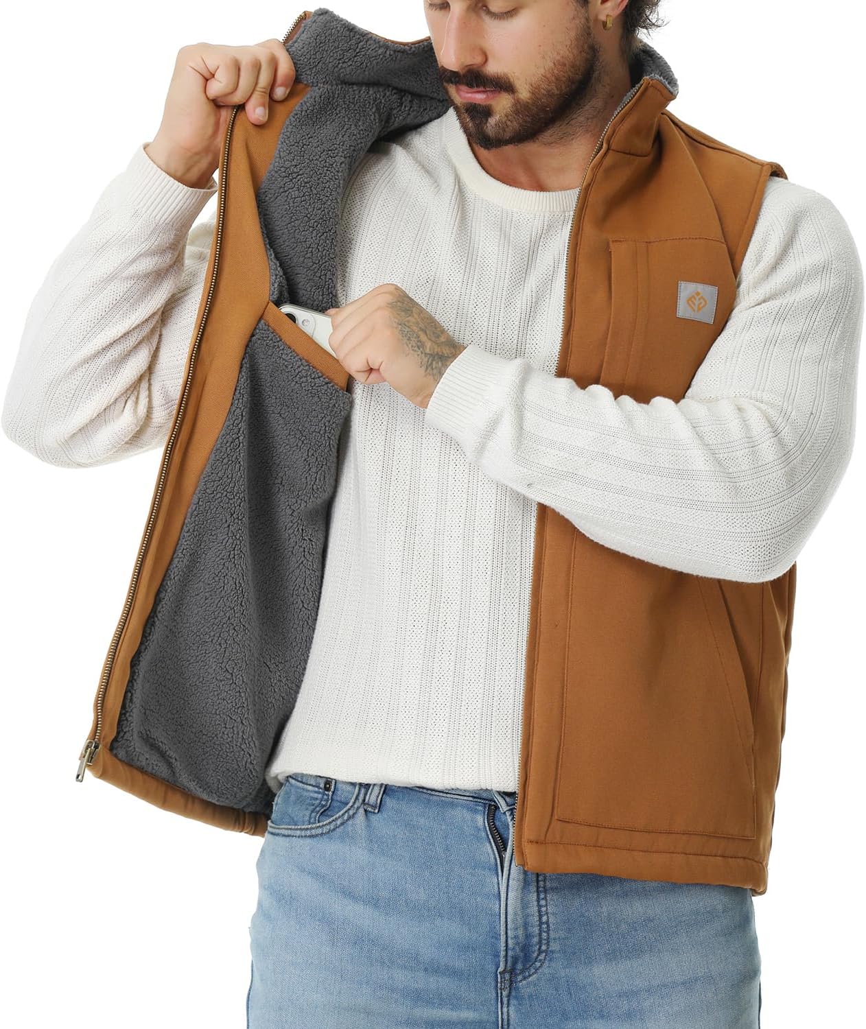 Men's Loose Fit Washed Duck Fleece-Lined Waterproof Workwear Mock-Neck Vest - Image 3