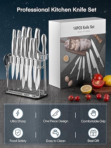 Miniatura 2 de D.Perlla Juego de cuchillos de cocina de 14 piezas con soporte para cuchillos de acrílico transparente, cuchillo de chef súper afilado de acero