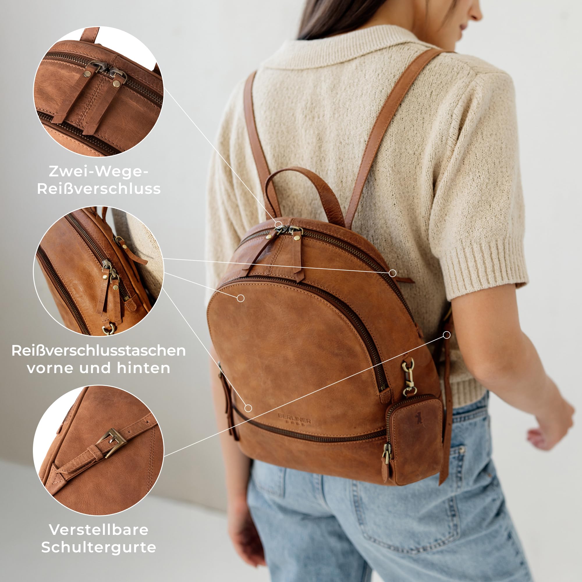 Berliner Bags Vintage Rucksack Florence, Kleine Tagesrucksack, Cityrucksack aus Leder wasserabweisend für Damen - Braun