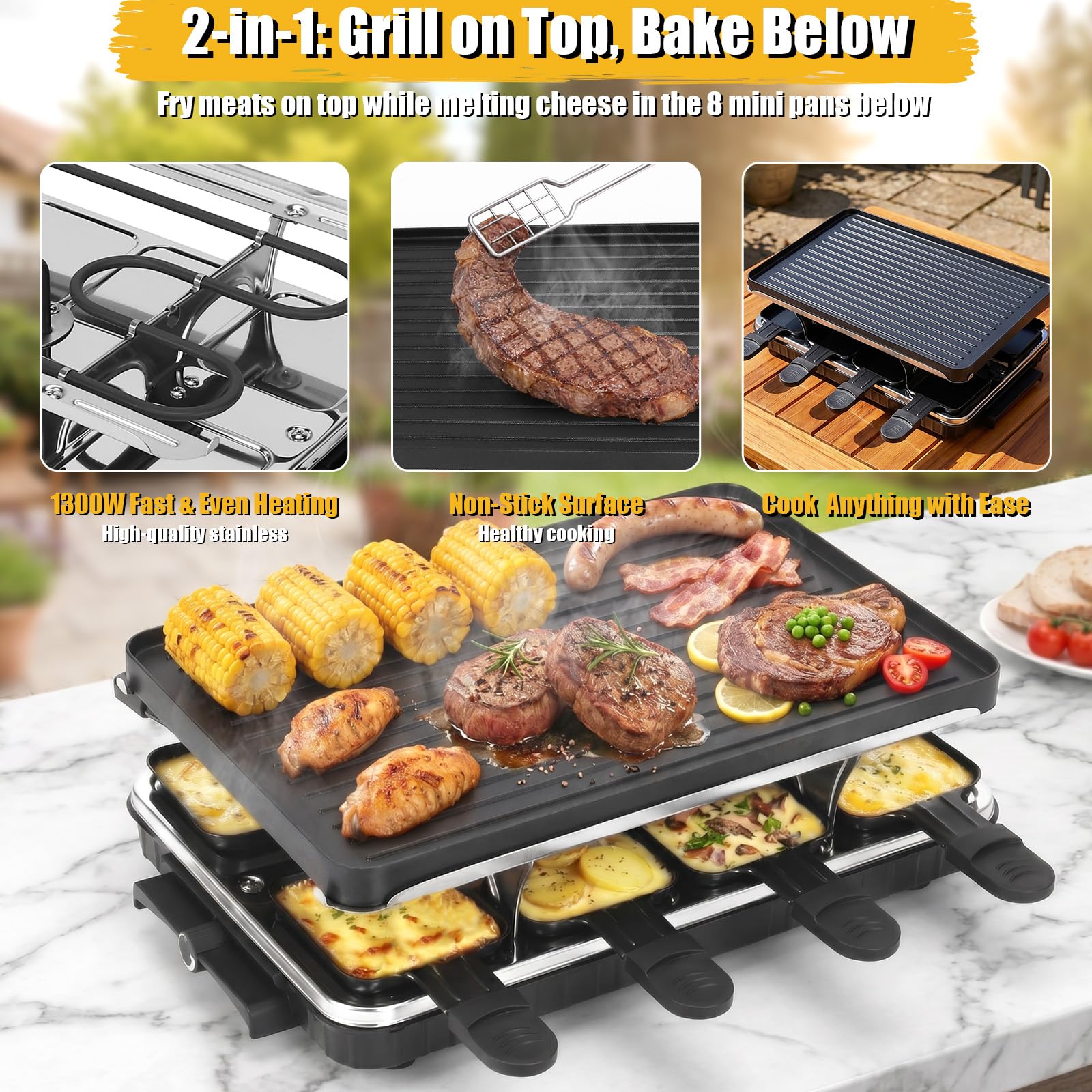 GFTIME Raclette 8 Personen, Raclette Grill Antihaft mit 8 Pfännchen-1300W