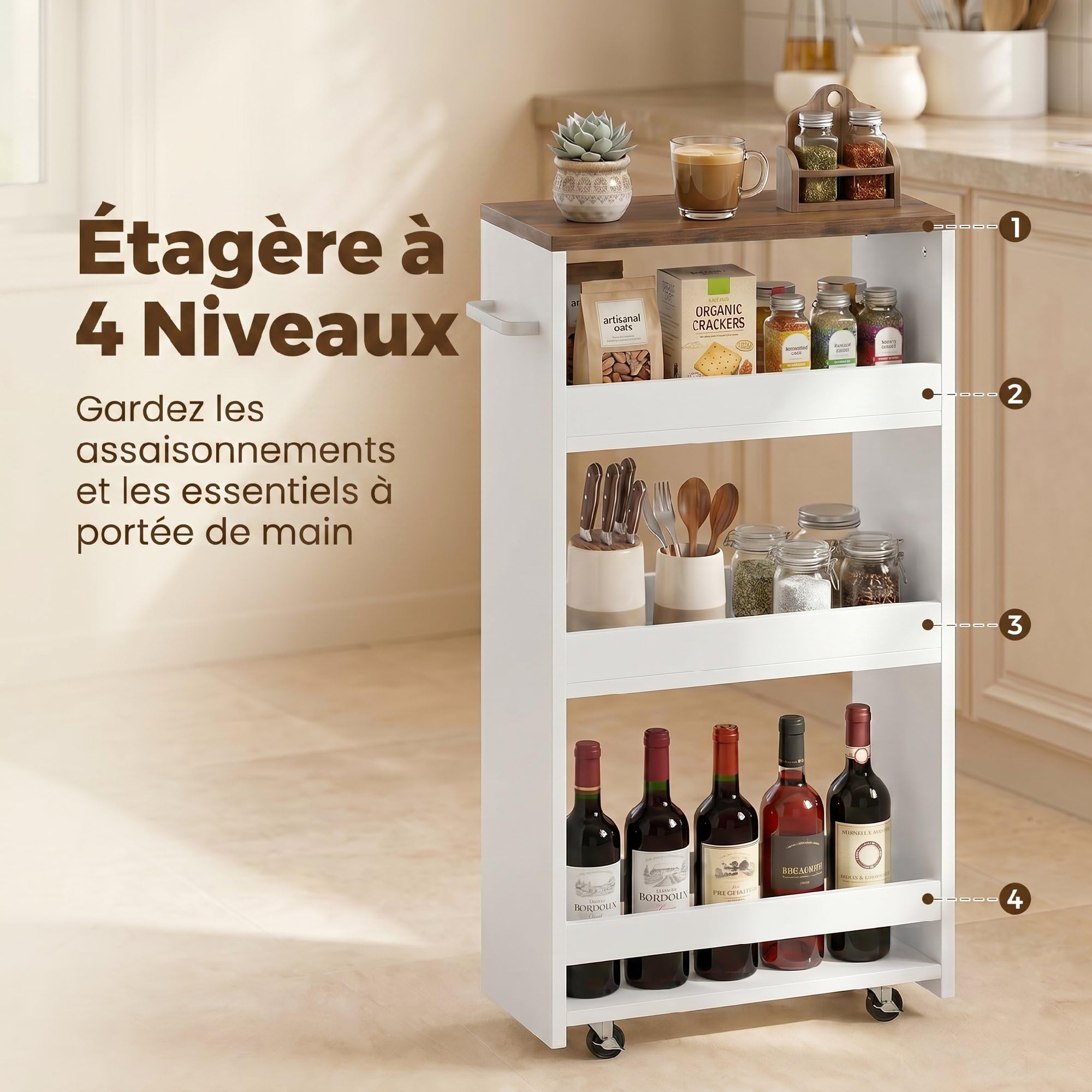 HOMCOM Desserte de Cuisine à roulettes 4 Niveaux 40 x 20 x 84 cm Blanc