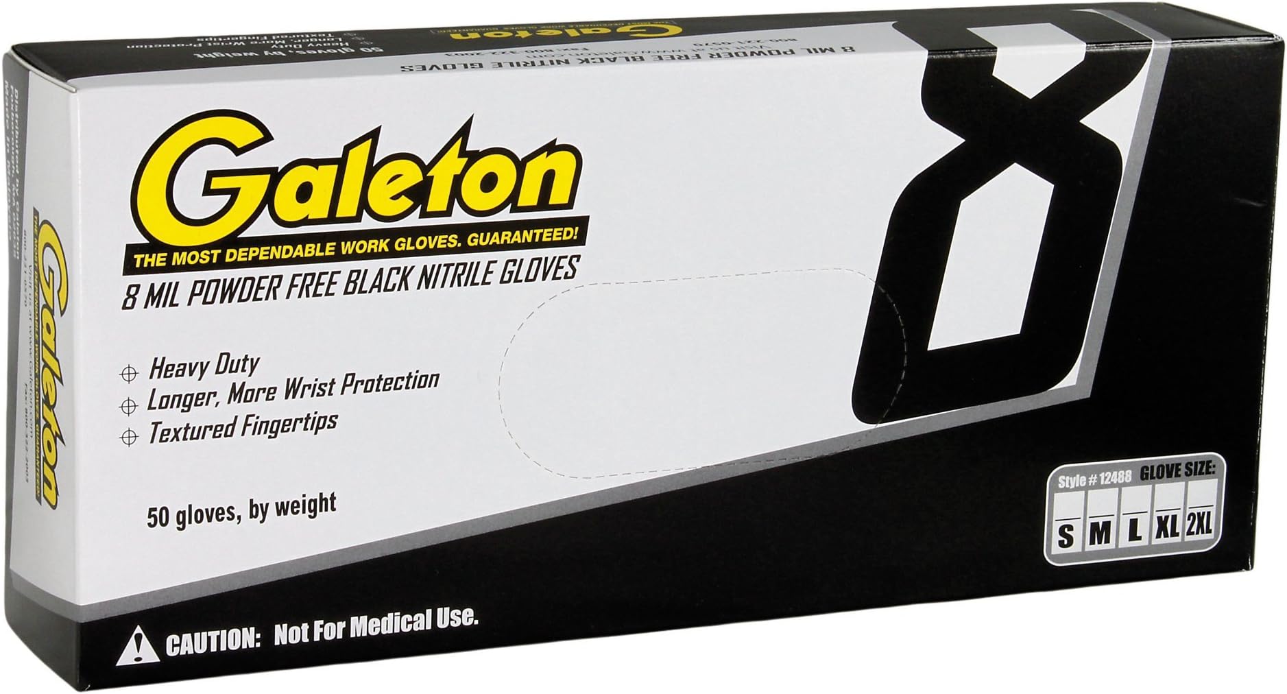 Galeton 12488-M Powder Free Nitrile 8 mil Disposable Gloves (Box of 50), Medium, Black