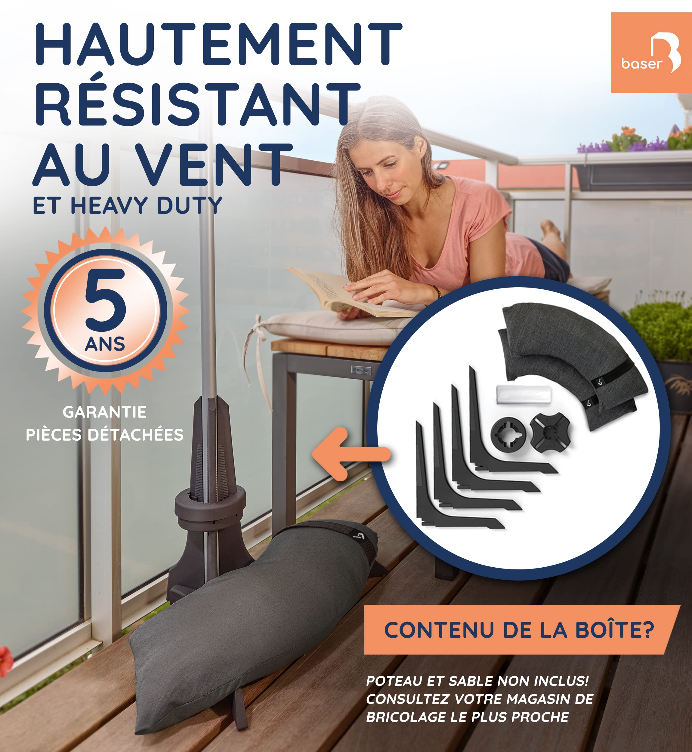 Baser Pied de Parasol Balcon avec Sacs de Sable, Base pour Parasol de Jardin Exterieur Gain de Place, Support Lestés pour Mât 20-40mm, Gris