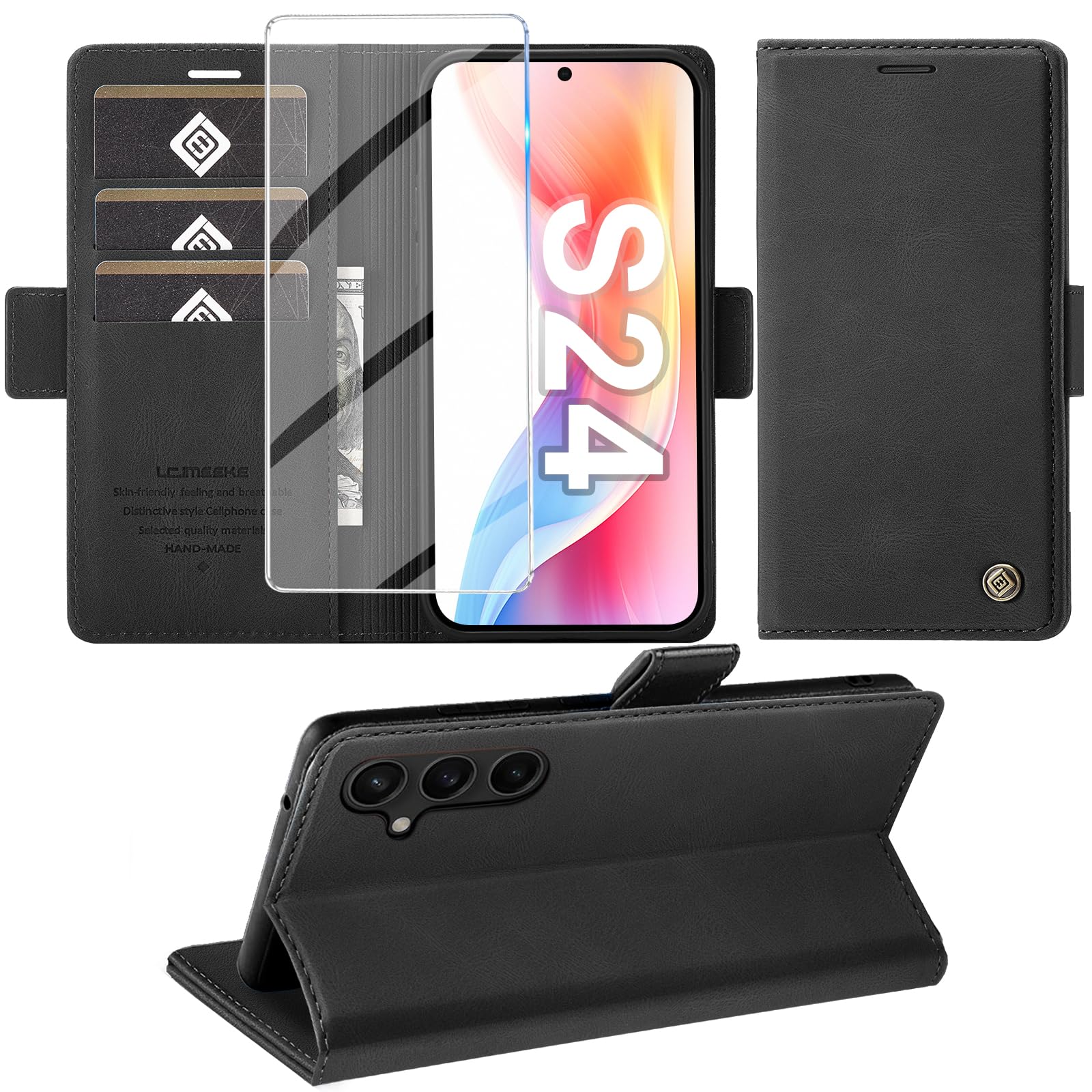 Giyer Cover per Samsung Galaxy S24 Custodia con Vetro Temperato, Premium PU Portafoglio Slot per Scheda RFID Antifurto Funzione Supporto Flip Case, Antiurto per Samsung S24 5G Cover (Nero)