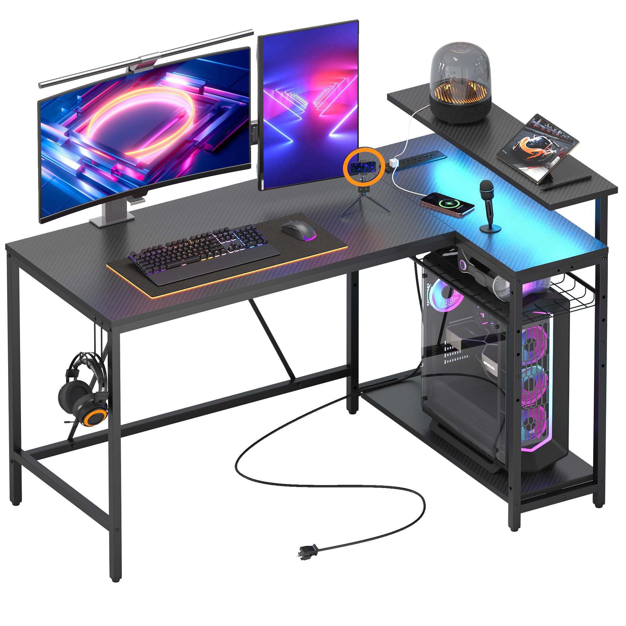Bestier 52" Gaming Desk with Integrated Power Outlet & USB Ports, L-Shaped Computer Desk with LED Strip & Headphone Hooks, Perfect for Home Office Pink,Carbon Fiber Black