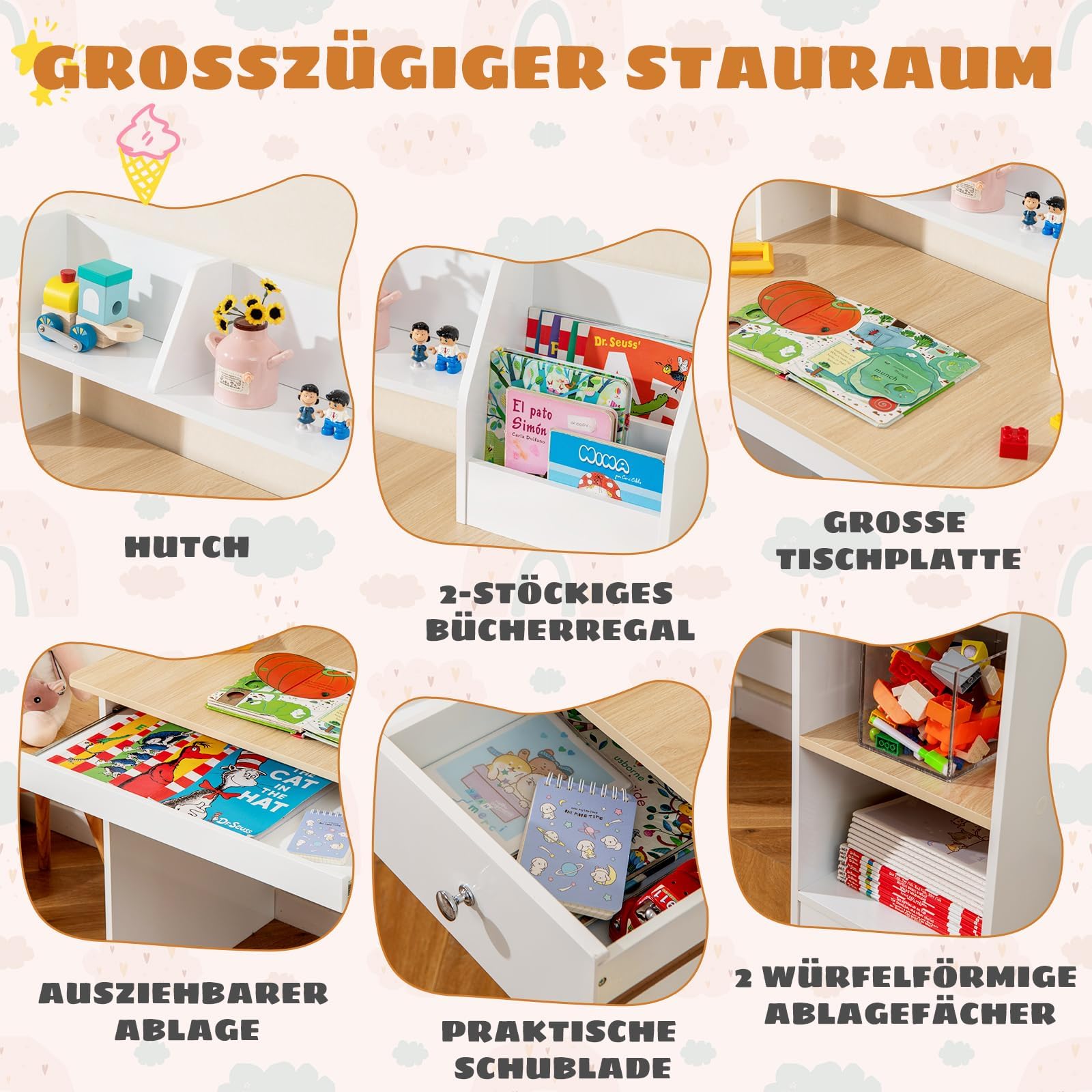 GOPLUS Kinderschreibtisch, Kinder Schreibtisch mit Bücherregal, Schublade & 4 offenen Ablagen, Kindertisch mit Tastaturablage, Jugendschreibtisch mit Kippschutz, Schreibtisch für ab 3 Jahren (Natur)