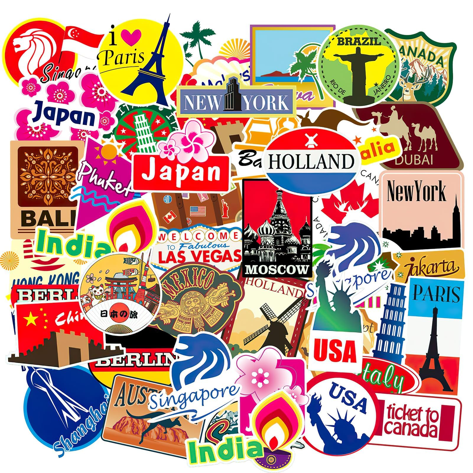 Travel Stickers 100Pcs Travel Map City Christmas Stickers Vinyl Waterproof World Tourism Landmarks Stickers with Famous Building Attractions Cityscape for Adults Teens Laptop Guitar Luggage Bicycle