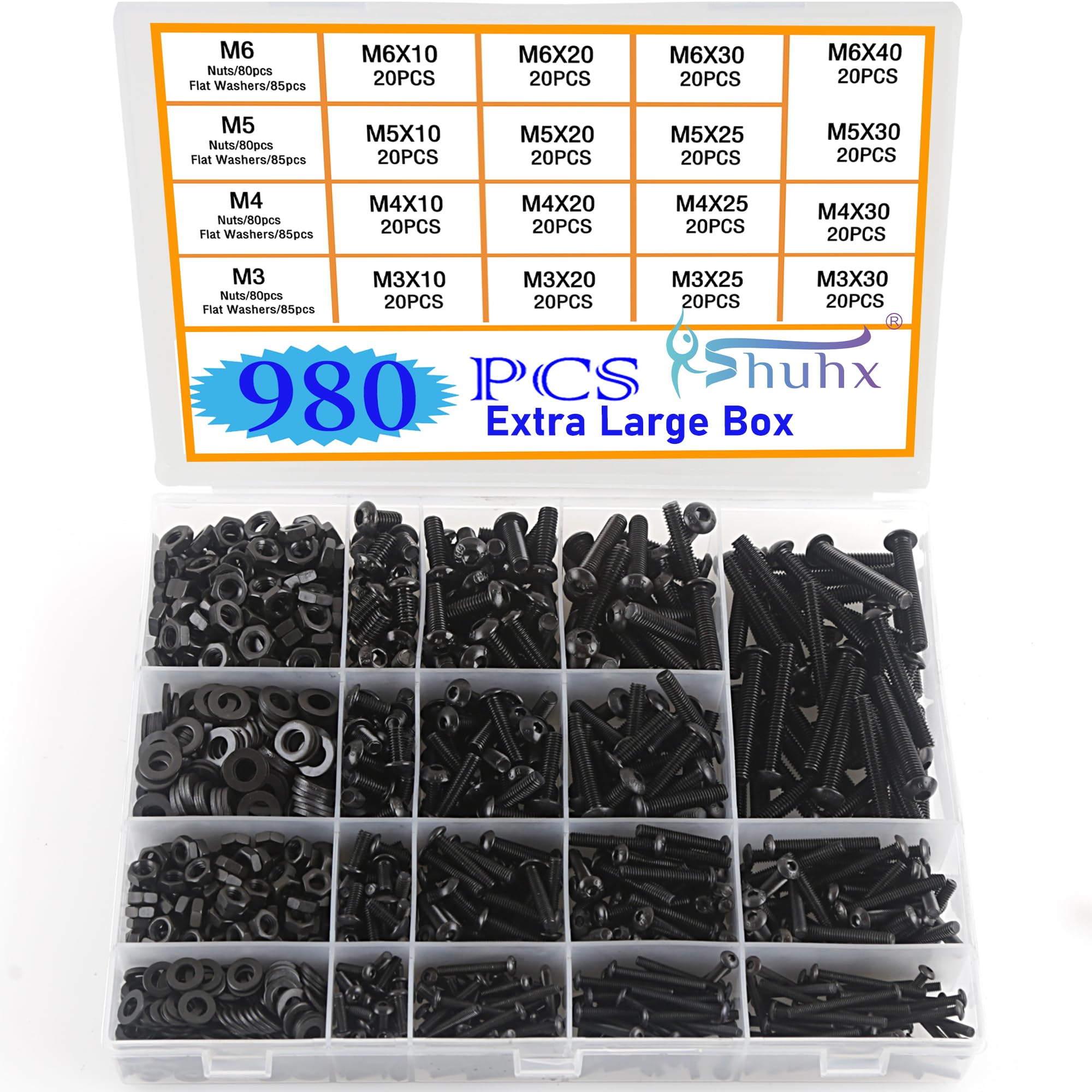 Rshuhx Ext Large Nuts and Bolts Sets Black M3 M4 M5 M6 980pcs Round Head Allen Bolt Mechanical Screws Washers Nuts and Bolts Assortment Kit DIY Industry Mechanical With Storage Box Hexagonal Wrench