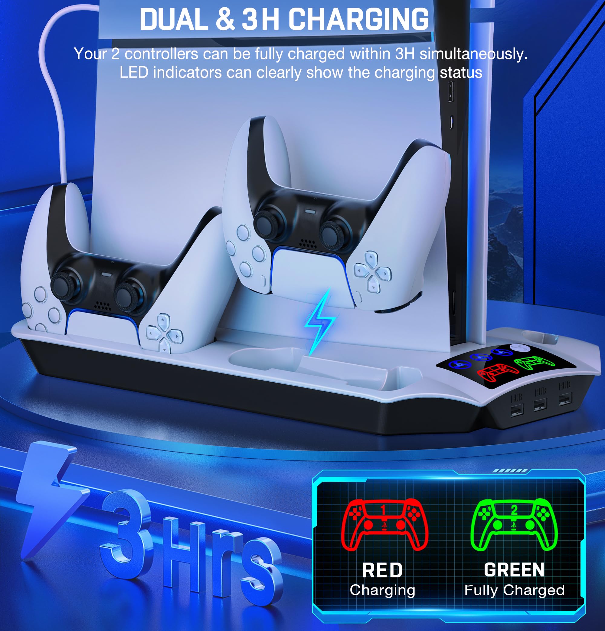 Supporto di raffreddamento per PS5 con caricatore del controller, supporto per PlayStation 5 con ventola di raffreddamento a 3 livelli, accessori PS5 con organizer da 13 giochi, supporto per