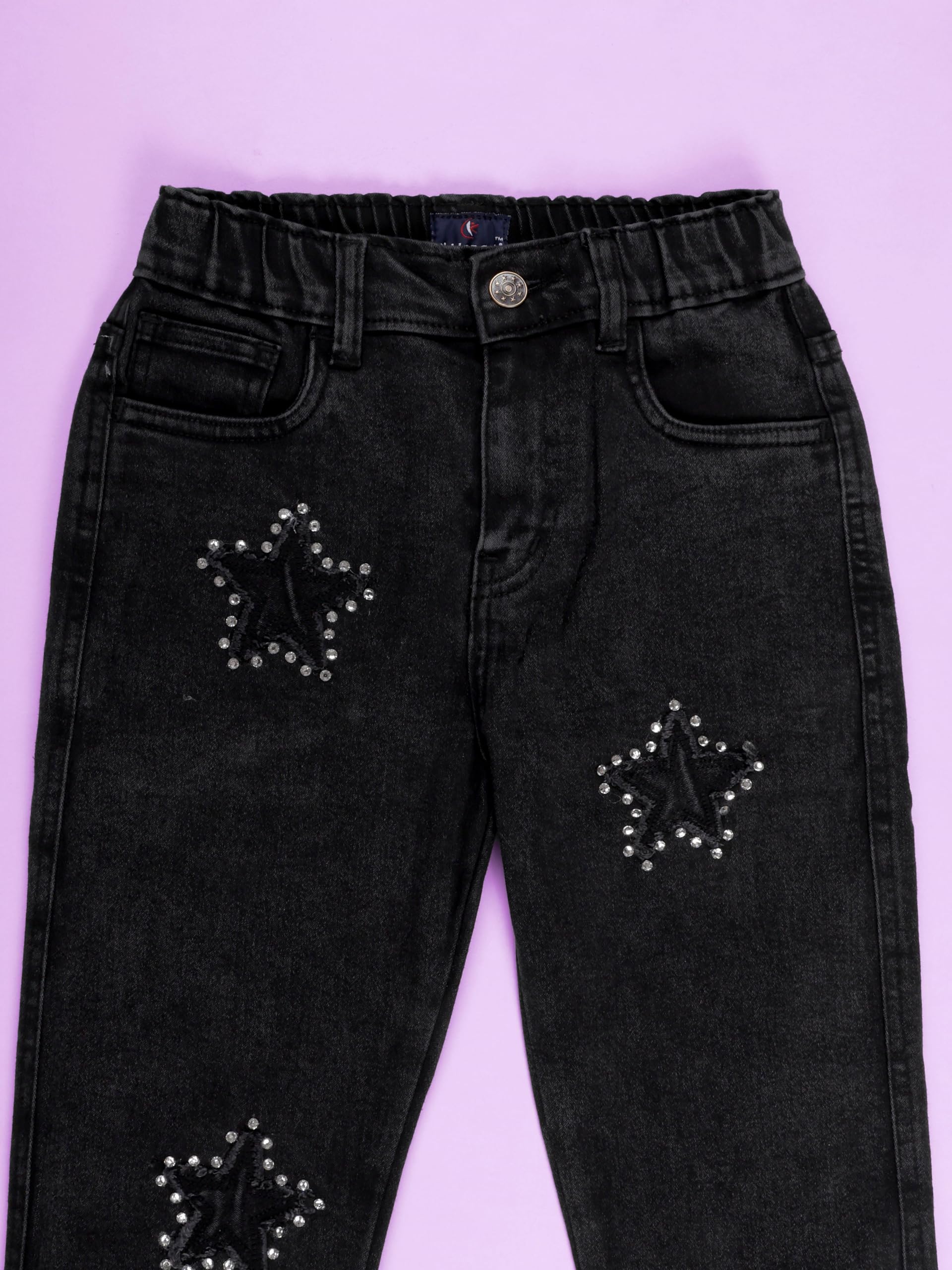 KiddoPanti Girls Full Length Frayed Star Patch Washed Denim Jeans with Elasticated Waistband, Black Rag Wash with Rhinestones - 10-12Y 4