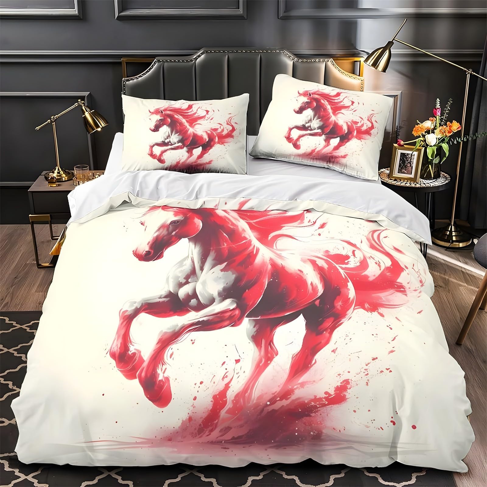 Ypthriline Splatter Ink Single Duvet Cover Set Galloping Horse Bedding Set Microfiber Duvet Covers With Pillowcases Reversible Bedding With Zipper Closure 135X200cm