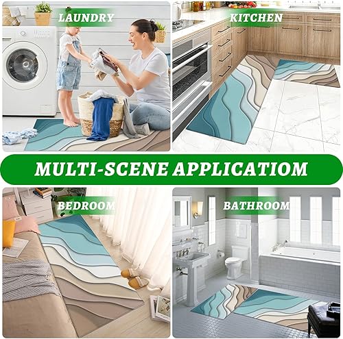 Miniatura 6 de Juego de 2 alfombras de cocina con diseño de rayas degradadas, color marrón turquesa, antideslizantes, lavables, antifatiga, alfombra abstracta a