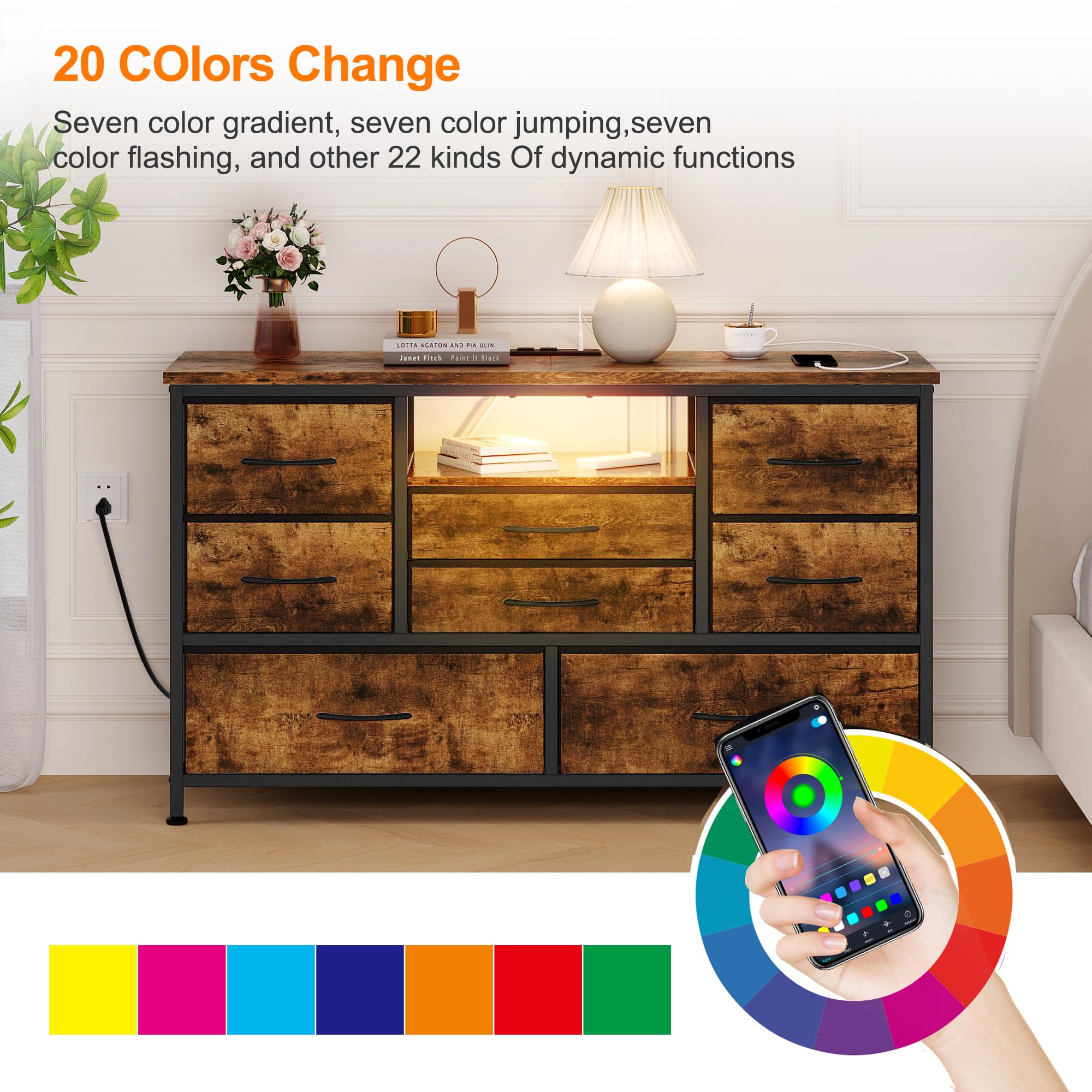 Garvee Commode de Chambre 8 Tiroirs en Tissu, Meuble TV avec Lumière LED, Station de Charge, Meuble de Rangement pour Chambre Enfants, Salon, Couloir
