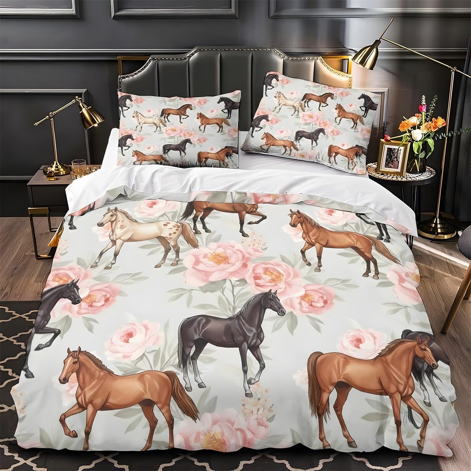 Ypthriline Small Single Duvet Cover Set Galloping Horse Bedding Set Microfiber Floral Duvet Covers with Pillowcases Reversible Bedding With Zipper Closure 120x150CM