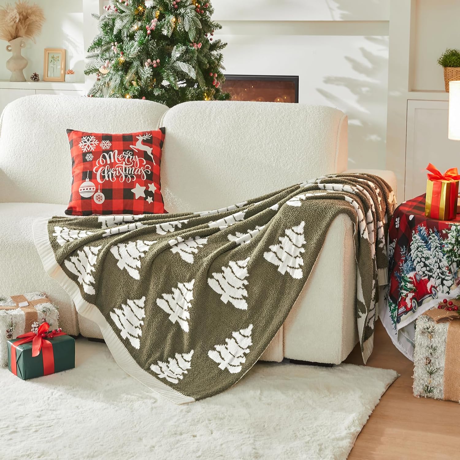 Douceur Christmas Tree Throw Blanket, Ultra Soft Olive Green Fluffy Festival Blanket, Reversible Cozy Decorative Blanket for Bed Couch Sofa, Super Soft Indoor Living Room Plush Throws, 50"X60" - Image 7